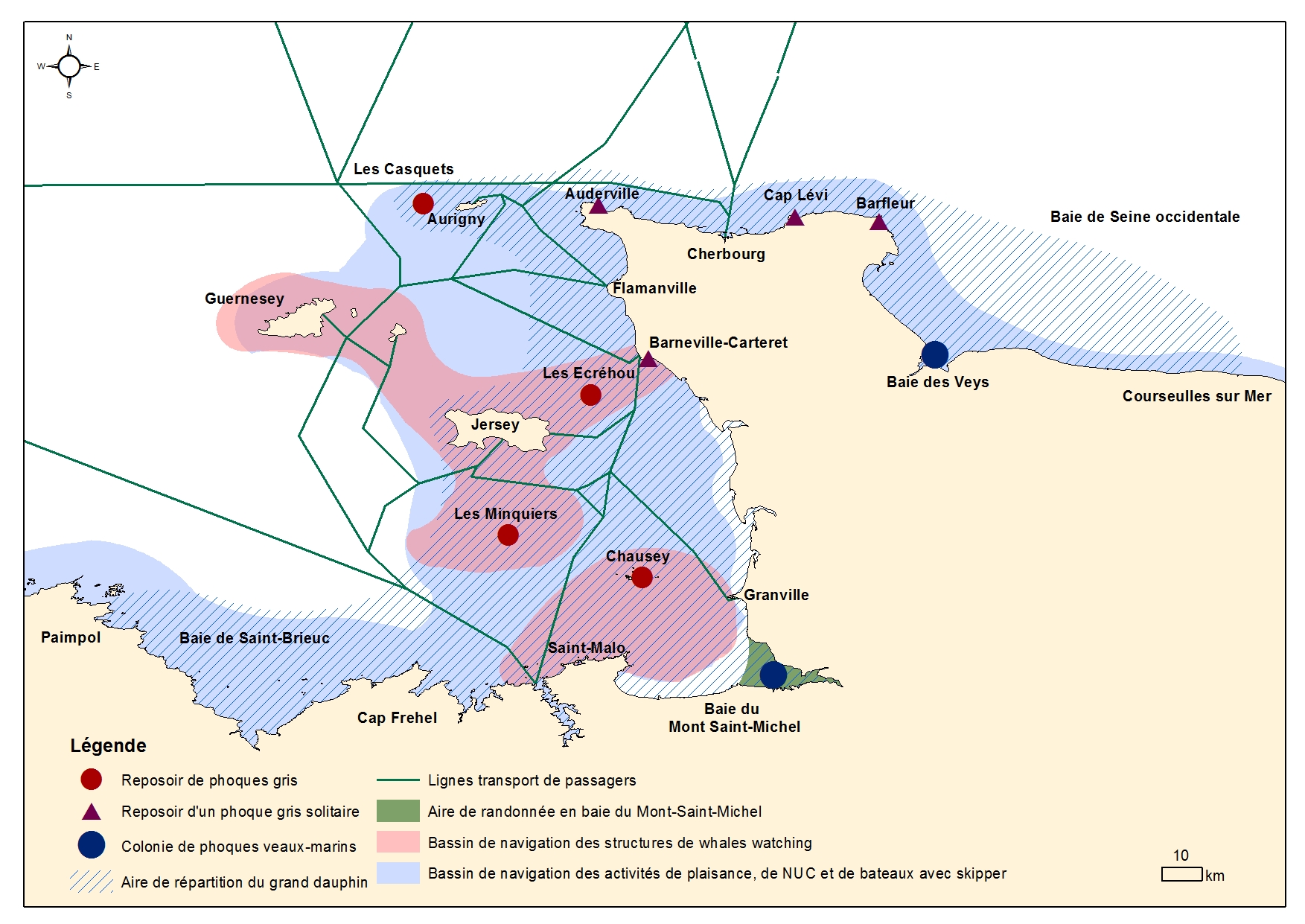 Répartition des mammifères marins et des activités de tourisme et de loisir sur la zone d'étude